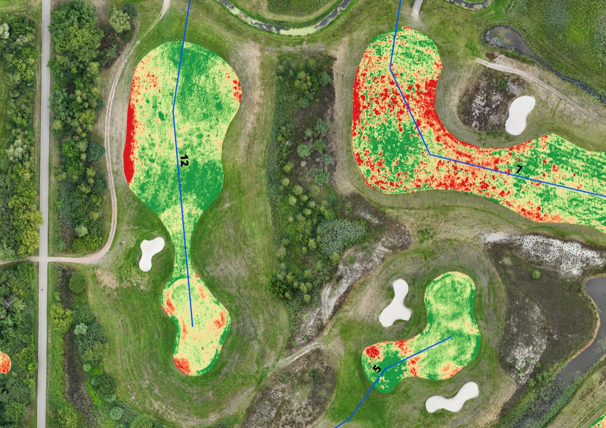 Multispectral drone scan with a red-to-green health overlay across two greens and an approach